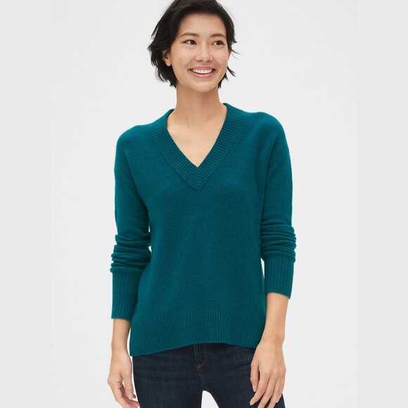 Gap Bouclé Wool Alpaca blend V-Neck Sweater Teal Blue Large - Picture 11 of 11
